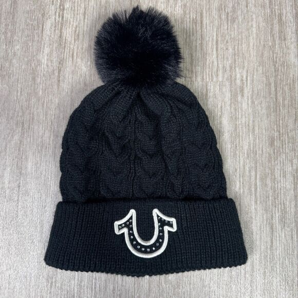 True Religion Accessories - True Religion Women's Black Pom Top Knit Beanie Bejeweled Rhinestone Logo